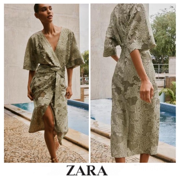 Zara Dresses & Skirts - ZARA Sage Green Textured Draped Floral Design Short Sleeves Midi Dress Sz L NEW
